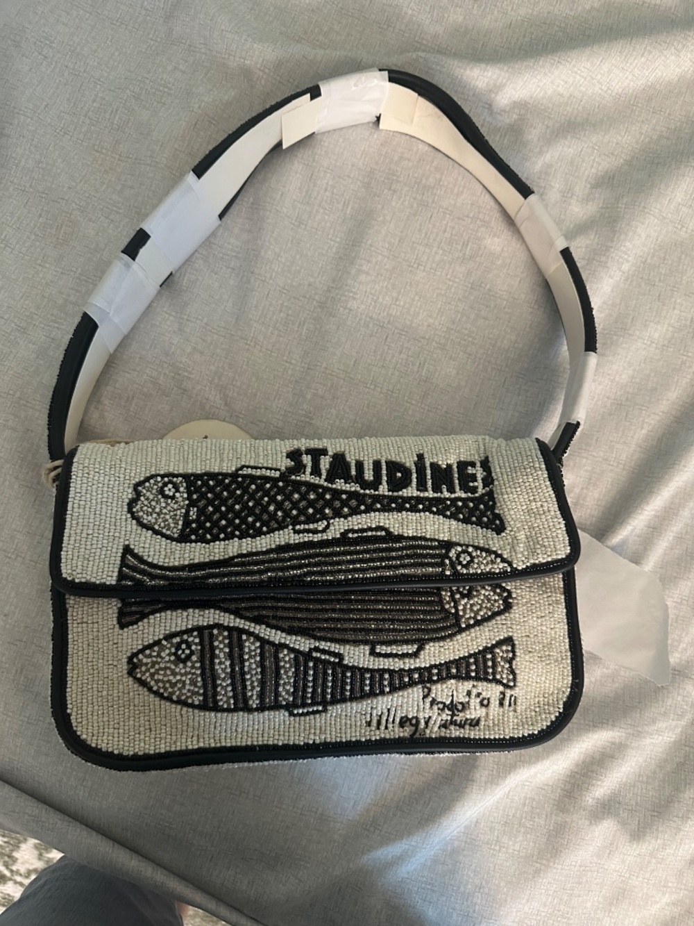 STAUD BEADED TOMMY BAG STAUDINES BLACK WHITE NWOT Limited Collection - Picture 9 of 11